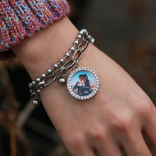 Load image into Gallery viewer, Woman wearing an iced out photo bracelet with a full color picture in a CZ halo charm