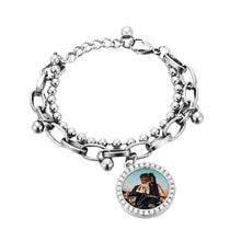 Load image into Gallery viewer, Silver color iced out photo bracelet with double strand ball chain and oval link chain