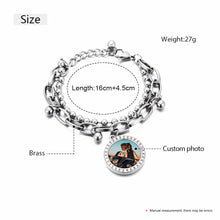 Load image into Gallery viewer, Iced out photo bracelet size chart showing length, extender, weight and custom photo charm