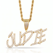 Load image into Gallery viewer, Gold cursive letter chain with the name JUDIE hanging from a rope chain