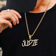 Load image into Gallery viewer, Model wearing Gold cursive letter chain with the name JUDIE with rope chain
