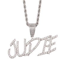 Load image into Gallery viewer, silver color cursive letter chain with the name JUDIE hanging from a rope chain In white background