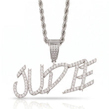 Load image into Gallery viewer, silver color cursive letter chain with the name JUDIE hanging from a rope chain