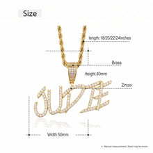 Load image into Gallery viewer, Size chart for iced out cursive name pendant, 40 mm tall and 50 mm wide for 5 letters