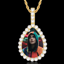 Load image into Gallery viewer, Iced out custom teardrop photo pendant, 18K gold plated, with a personalized picture and CZ halo