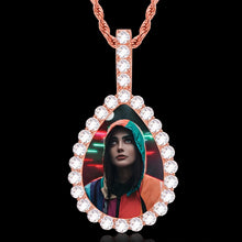 Load image into Gallery viewer, Rose gold plated custom teardrop photo pendant with your picture inside and iced-out CZ stones