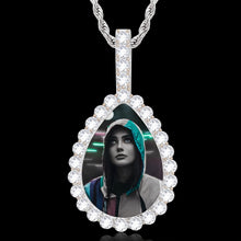 Load image into Gallery viewer, Silver custom picture pendant in a teardrop shape, rhodium plated with a CZ halo