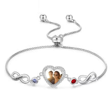 Load image into Gallery viewer, Infinity Bracelet with Photo Inside – 2 Birthstones, Engraved Name &amp; Adjustable Chain