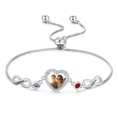 Infinity Bracelet with Photo Inside – 2 Birthstones, Engraved Name & Adjustable Chain