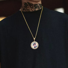 Load image into Gallery viewer, A tattooed man wearing the yellow gold 3-row custom picture pendant for men on a rope chain.