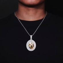 Load image into Gallery viewer, A man wearing the white gold plated iced-out custom photo necklace on a rope chain.