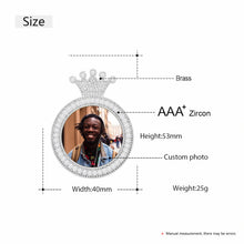 Load image into Gallery viewer, Crown pendant size guide: 53 mm tall, 40 mm wide, 25 g, brass with 5A CZ