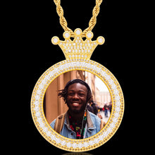Load image into Gallery viewer, Gold medallion memory picture crown pendant necklace, front with photo and back view