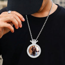 Load image into Gallery viewer, Man wearing a crown pendant necklace with photo on a rope chain