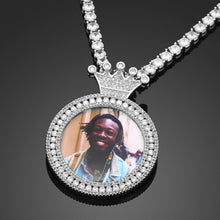 Load image into Gallery viewer, Rose gold crown photo pendant with chain front view