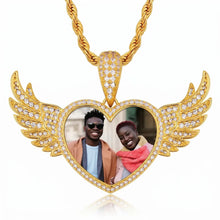 Load image into Gallery viewer, Memorial necklace with picture and wings, 14k gold-plated heart photo pendant with CZ wings