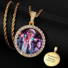Load image into Gallery viewer, Front and back of a gold photo medallion: picture on the front, engraving on the back