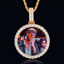 Load image into Gallery viewer, Memorial necklace with picture: iced-out photo medallion, 18K gold plated with CZ halo