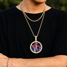 Load image into Gallery viewer, Man wearing a memorial necklace with picture, iced-out photo medallion on a chain