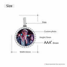 Load image into Gallery viewer, Memorial necklace with picture size and material guide: brass, CZ, pendant size