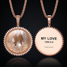 Load image into Gallery viewer, Front photo and engraved back of a mens chain with picture inside