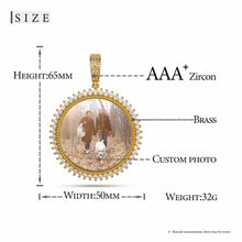 Load image into Gallery viewer, Picture pendant size chart: 50 x 65 mm, 32 g, brass with AAA+ CZ stones