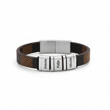 Load image into Gallery viewer, Mens leather bracelet with names Antonia, Katja and Nikolai on steel beads, brown woven band, front view