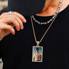 Load image into Gallery viewer, Man wearing a mens picture necklace, rectangle photo pendant with iced-out CZ frame on a chain