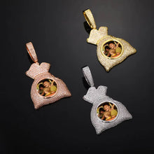 Load image into Gallery viewer, Three GetEngravings money bag custom picture pendants in 14k yellow gold, white gold, and rose gold plating, featuring a personalized family photo