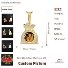 Load image into Gallery viewer, Size and specification guide for the money bag custom picture pendant, showing 66mm height, 40mm width, 42g weight, made of brass and 5A zircon stones.