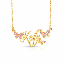 Load image into Gallery viewer, Butterfly name necklace in 18K gold plating with the name Kelly in script and pink crystal butterflies