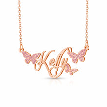 Load image into Gallery viewer, Rose gold plated butterfly name necklace with pink crystal butterflies