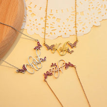 Load image into Gallery viewer, Personalized butterfly name necklaces shown together in gold, silver and rose gold plating