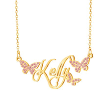 Load image into Gallery viewer, Gold plated butterfly necklace with name Kelly and three pink crystal butterflies, close-up