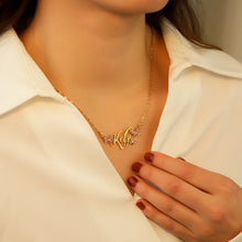Load image into Gallery viewer, Woman wearing a gold butterfly name necklace on an 18 inch chain