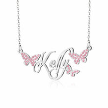 Load image into Gallery viewer, Silver butterfly name necklace with rhodium plating and pink crystal butterflies