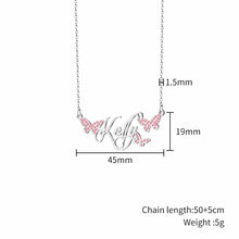 Load image into Gallery viewer, Butterfly name necklace size chart: pendant 45 mm wide and 19 mm tall on a 1.5 mm cable chain, 5 g