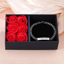 Load image into Gallery viewer, Silver engraved names relationship bracelet in a black gift box with red roses