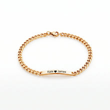 Load image into Gallery viewer, Personalized curb chain bar bracelet in 18K gold plating engraved with Kate ♥ James