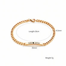 Load image into Gallery viewer, Personalized curb chain bar bracelet size guide with bar and chain measurements