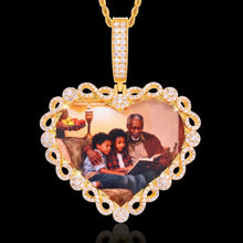 Load image into Gallery viewer, Personalized heart necklace with family photo in gold iced out CZ frame