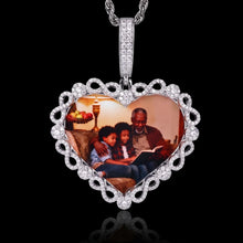 Load image into Gallery viewer, Silver rhodium plated heart photo pendant with CZ stones