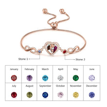 Load image into Gallery viewer, Infinity Bracelet with Photo Inside – 2 Birthstones, Engraved Name &amp; Adjustable Chain