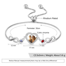 Load image into Gallery viewer, Infinity Bracelet with Photo Inside – 2 Birthstones, Engraved Name &amp; Adjustable Chain
