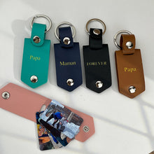 Load image into Gallery viewer, Personalized leather keychains with names in teal, navy, black and brown, with photo cards