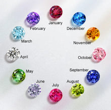 Load image into Gallery viewer, Birthstone color chart showing the 12 birthstone crystals from January to December for the mom bracelet with kids names