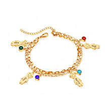 Load image into Gallery viewer, Gold mom bracelet with kids names and birthstones on four boy and girl charms