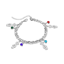 Load image into Gallery viewer, Silver rhodium plated mom bracelet with four engraved boy and girl charms and birthstones