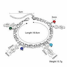 Load image into Gallery viewer, Mom bracelet with kids names size chart showing length, extender, charm size and weight