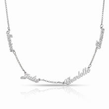 Load image into Gallery viewer, Silver multi name necklace with four custom names in script font
